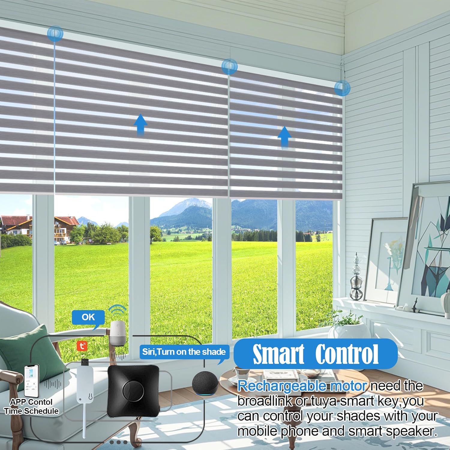tipiace Motorized Zebra Blinds Compatible with Alexa, Remote Control Smart Blinds, 90% Blackout Light Filtering Day Night Sheer Shades for Windows, Customized Width 20-98" (HD-164)