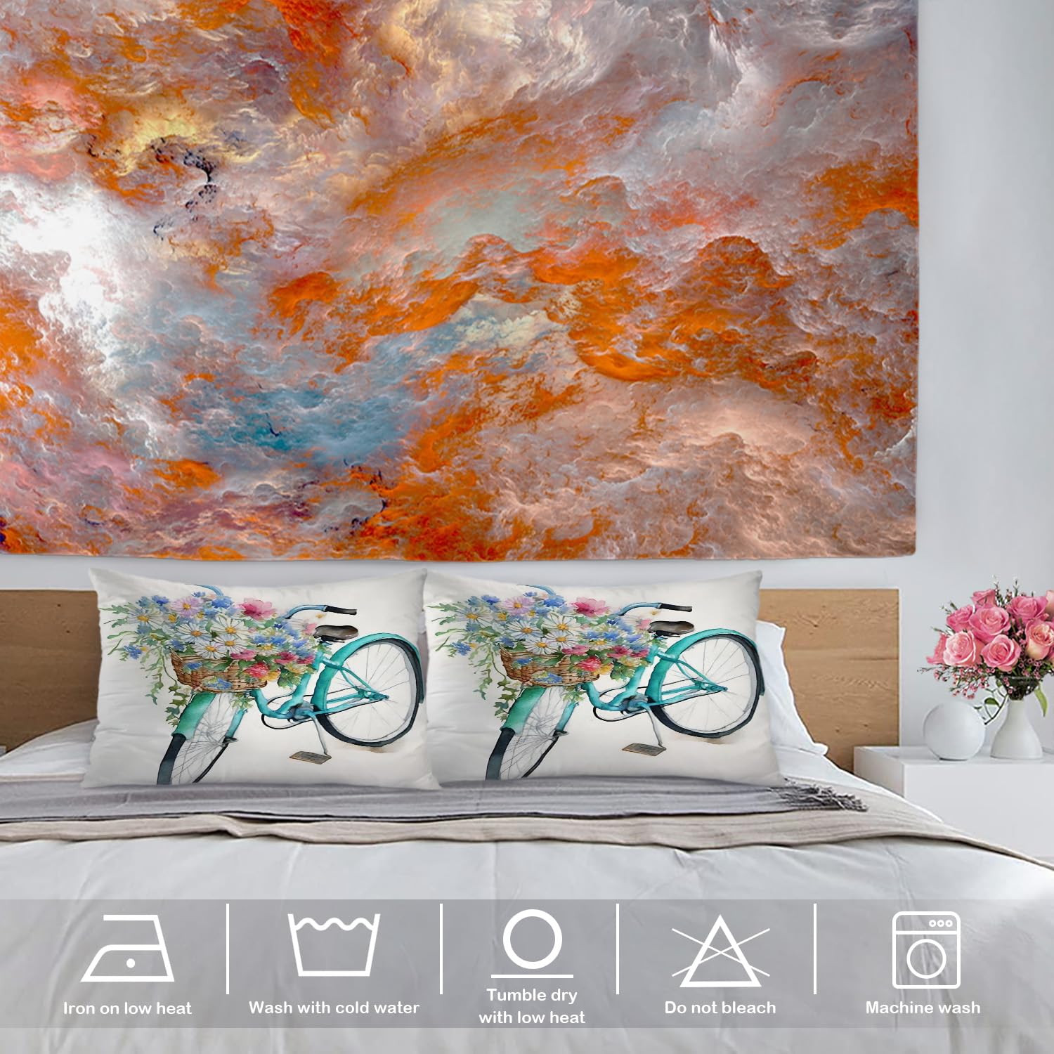 Baonews Flower Pillow Spring Pillow Covers, Summer Pillow Covers 20X26 Bicycle Pillow Case Daisy in Basket Home Decor Digital Blended Hidden Zipperl Decorative Sofa Cover for Hair Skin Lumbar 2 Pcs