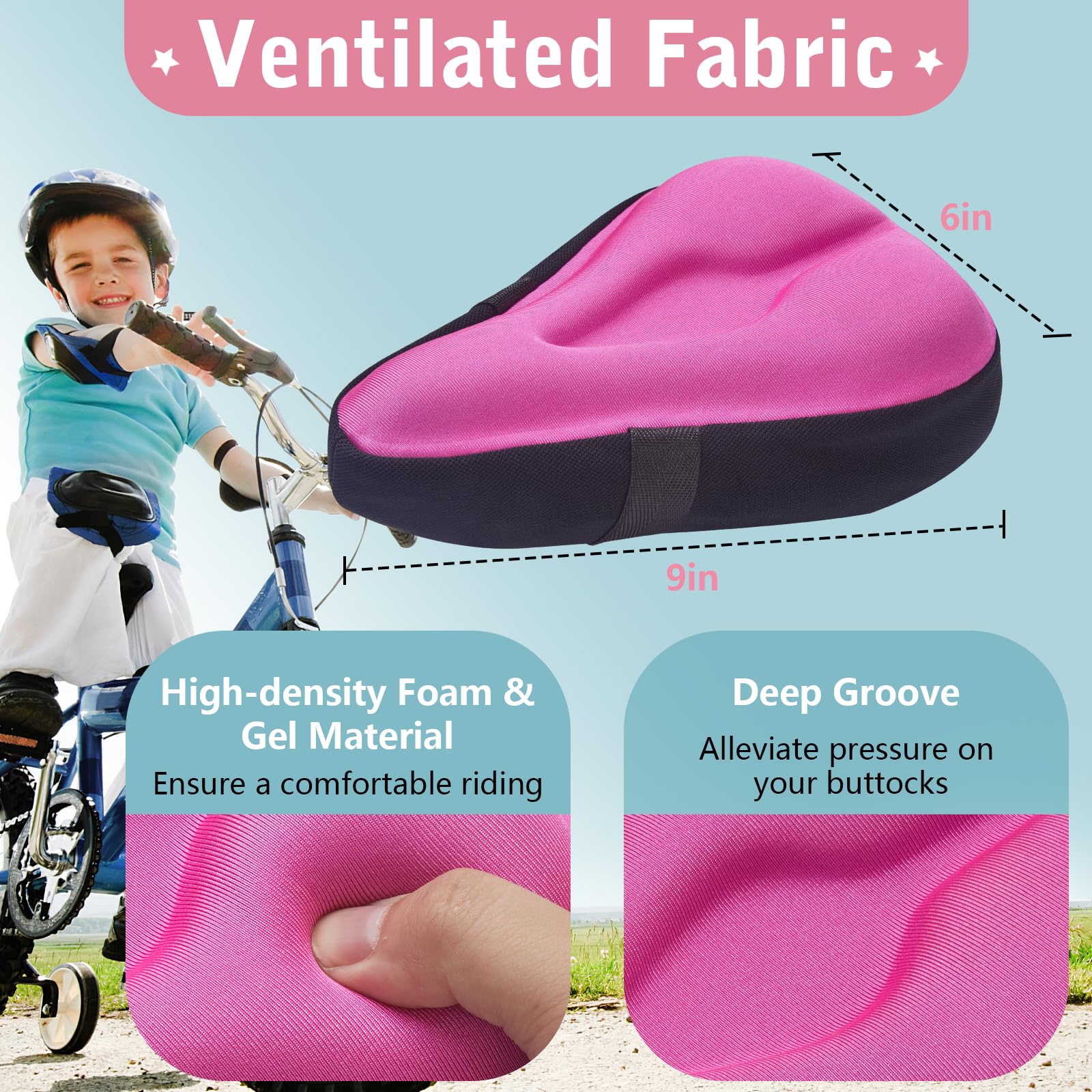 Funda de cojín de gel para asiento de bicicleta para niños y niñas, funda de asiento de bicicleta antideslizante para niños pequeños, transpirable y extra suave, espuma viscoelástica acolchada 2