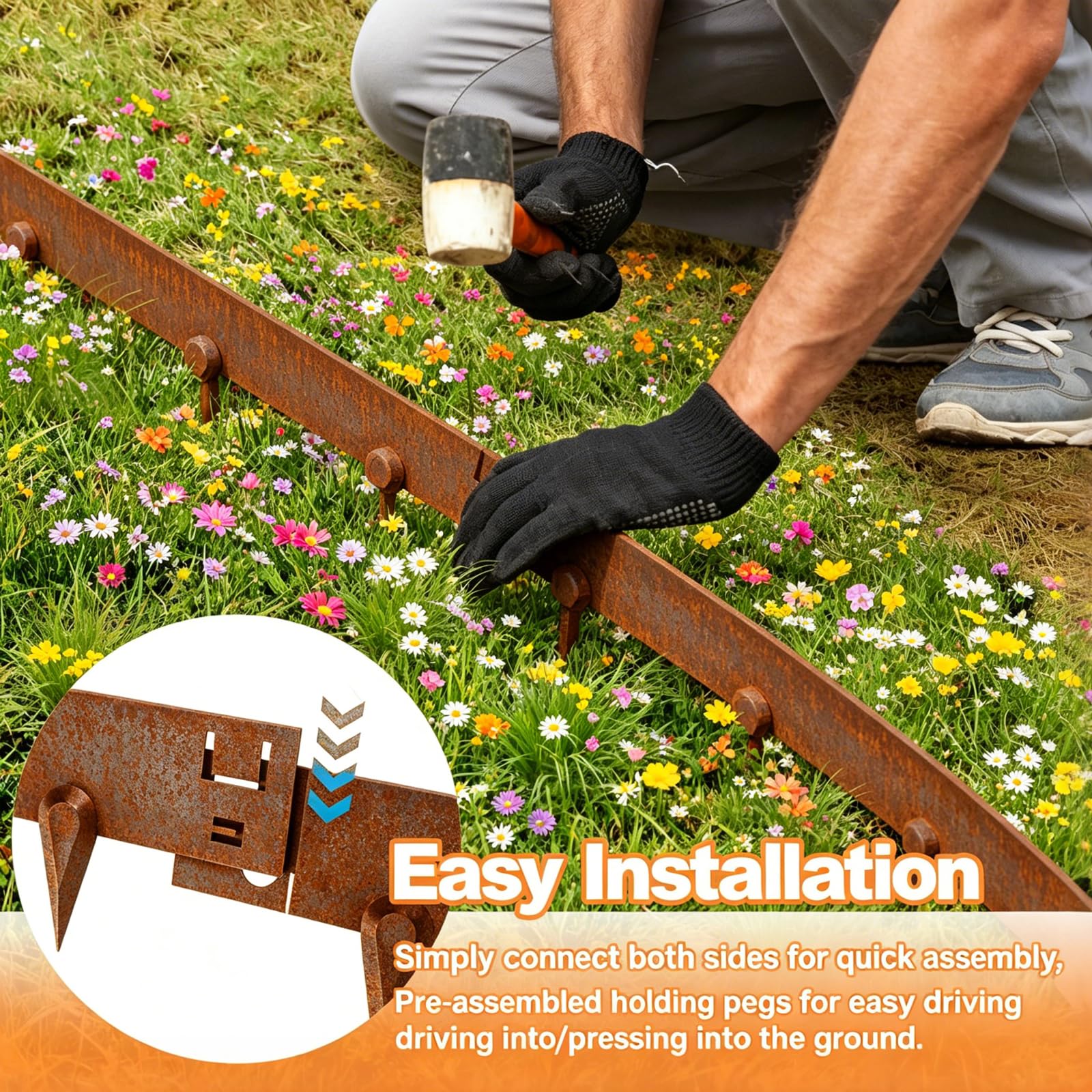 5 Stück Beetumrandung Metall 20cmHx105cmL, 5.2m Flexible Verzinkte Stahl Rasenkante Mähkant Palisade mit Dornen, Beetumrandung 1.5 mm Dicke für Garten Hof Bauernhof, Rost