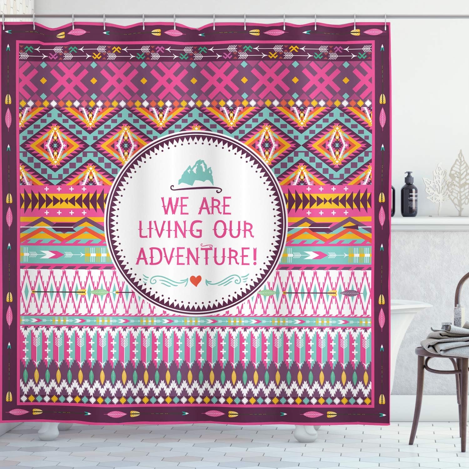 Ambesonne Ethnic Shower Curtain, Striped Geometrical Design with a Words We are Living Our Adventure Print, Cloth Fabric Bathroom Decor Set with Hooks, 69" W x 75" L, Purple Pink
