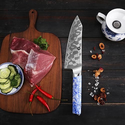 Miniatura 8 de WILDMOK Santoku - Cuchillo de cocina japonés de acero aleado de 7 pulgadas, 7 capas, cuchillo de cocina ultra afilado con mango de resina