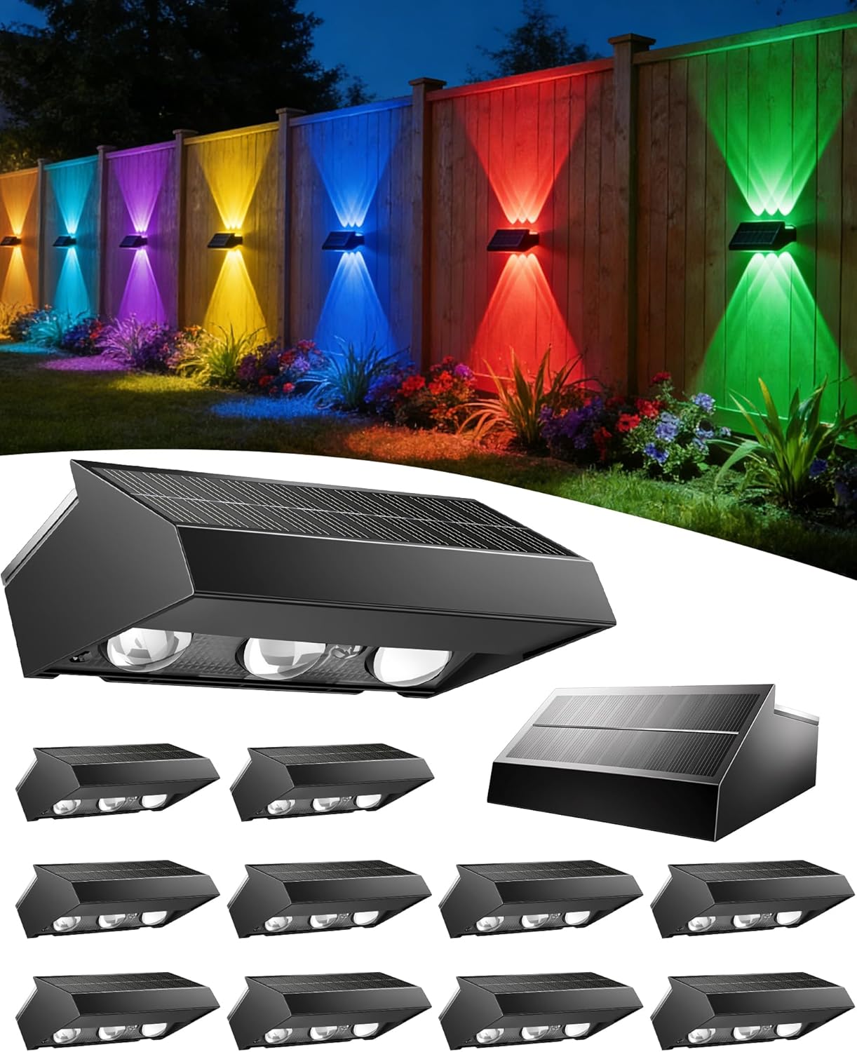 Solar Fence Lights Outdoor 12 Pack, 3 Modes & 10 RGB Colors, Up and Down Fence Lights Solar Powered for Outside, Deck Lighting for for Backyard/Garden/Patio/Garage Wall Decor