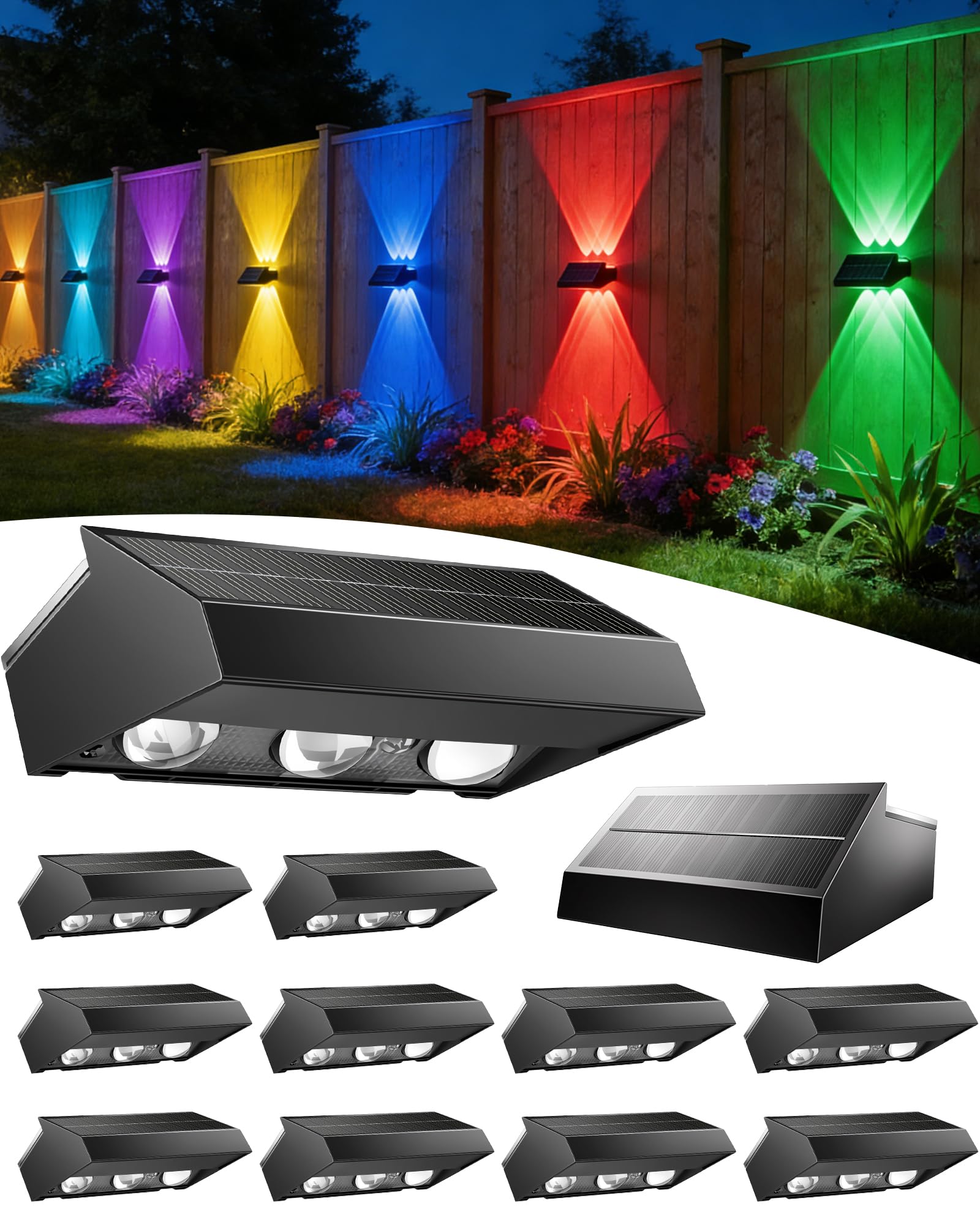 Photo 1 of FabStyl Solar Fence Lights Outdoor 12 Pack, 3 Modes & 10 RGB Colors, Up and Down Fence Lights Solar Powered for Outside, Deck Lighting for for Backyard/Garden/Patio/Garage Wall Decor