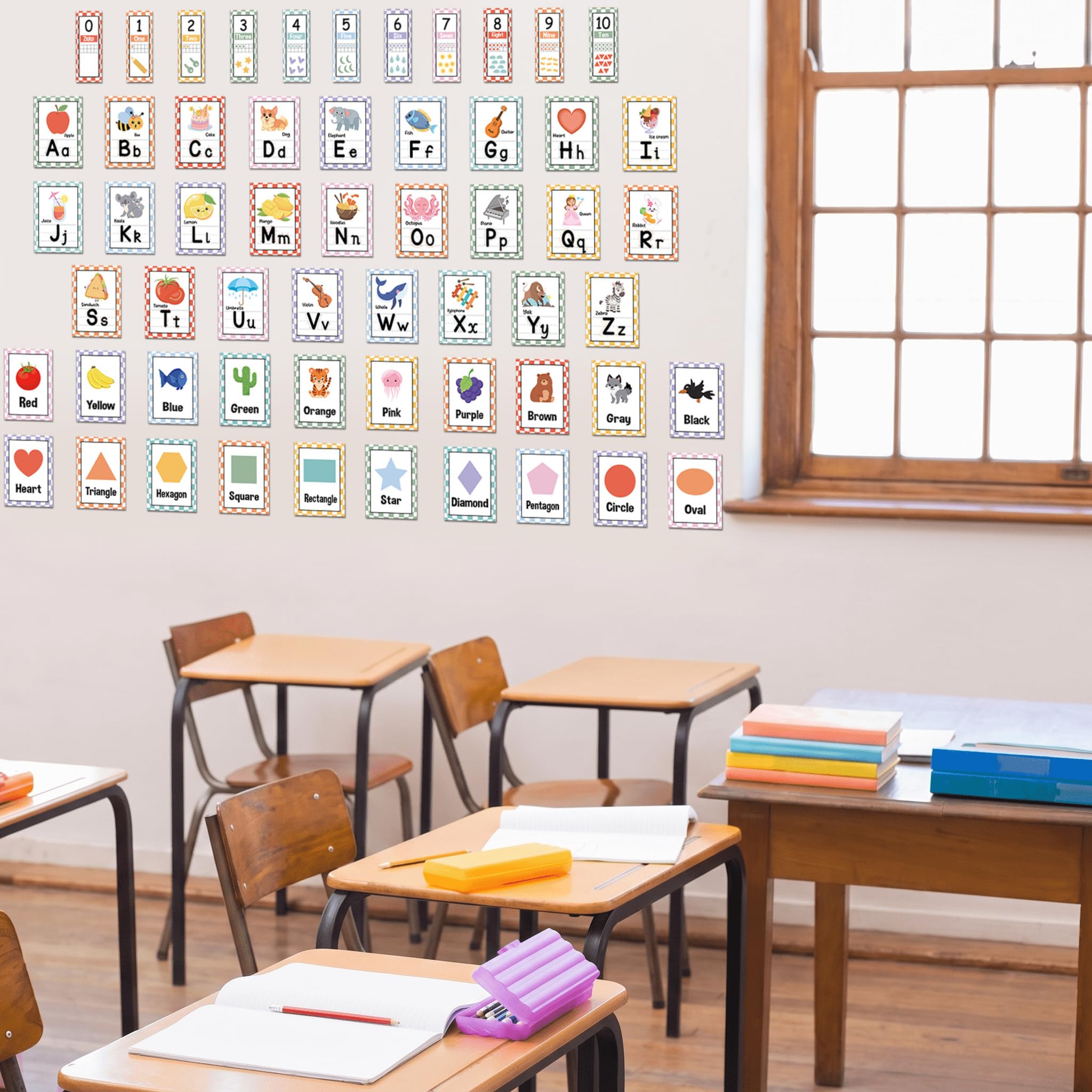 Lot de 57 lettres de l'alphabet pour salle de classe - Lettres de l'alphabet ABC - Couleurs - Cartes murales - Décoration pour la rentrée scolaire (rétro)