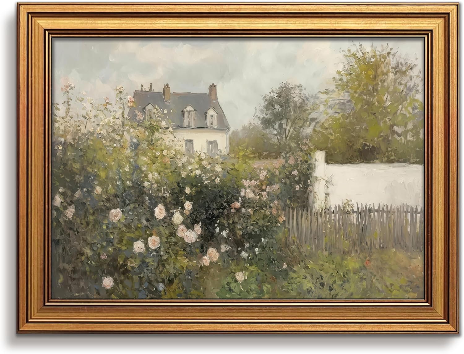 Vintage Cottage Core Wall Decor, Gold Framed Spring Garden Wall Art, Retro Landscape Painting, Rustic Scenery Canvas Prints, Cozy Farmhouse Pictures, Hacienda Style Home Decor 12x16 Inch