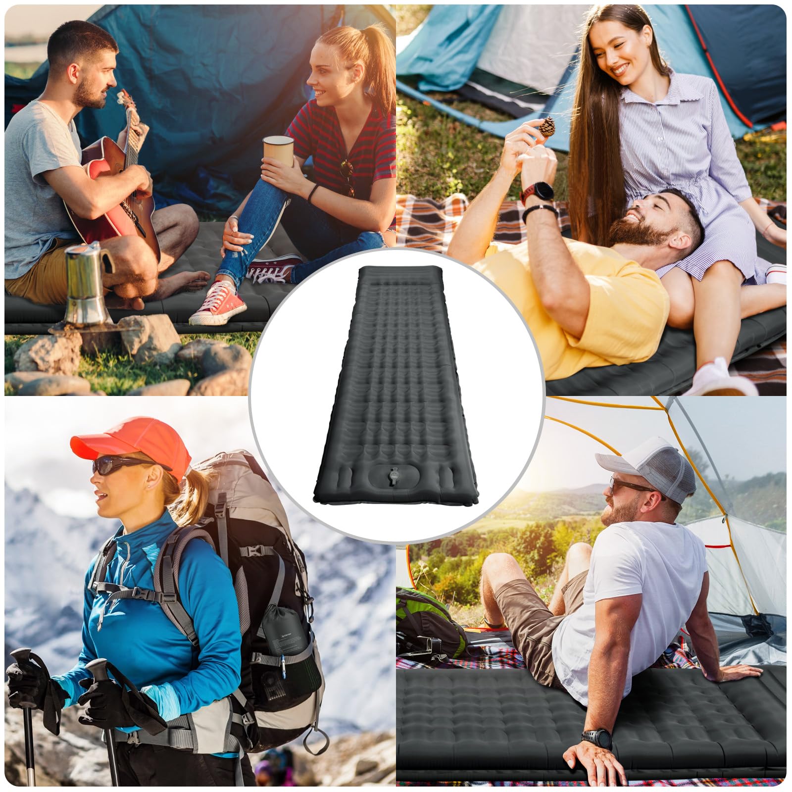 WARMTUYO Matelas isolant de camping - 12 cm - Gonflable - Petit encombrement - Étanche - Avec pompe à pied et coussin - Tapis de couchage antidérapant pour la randonnée et la plage