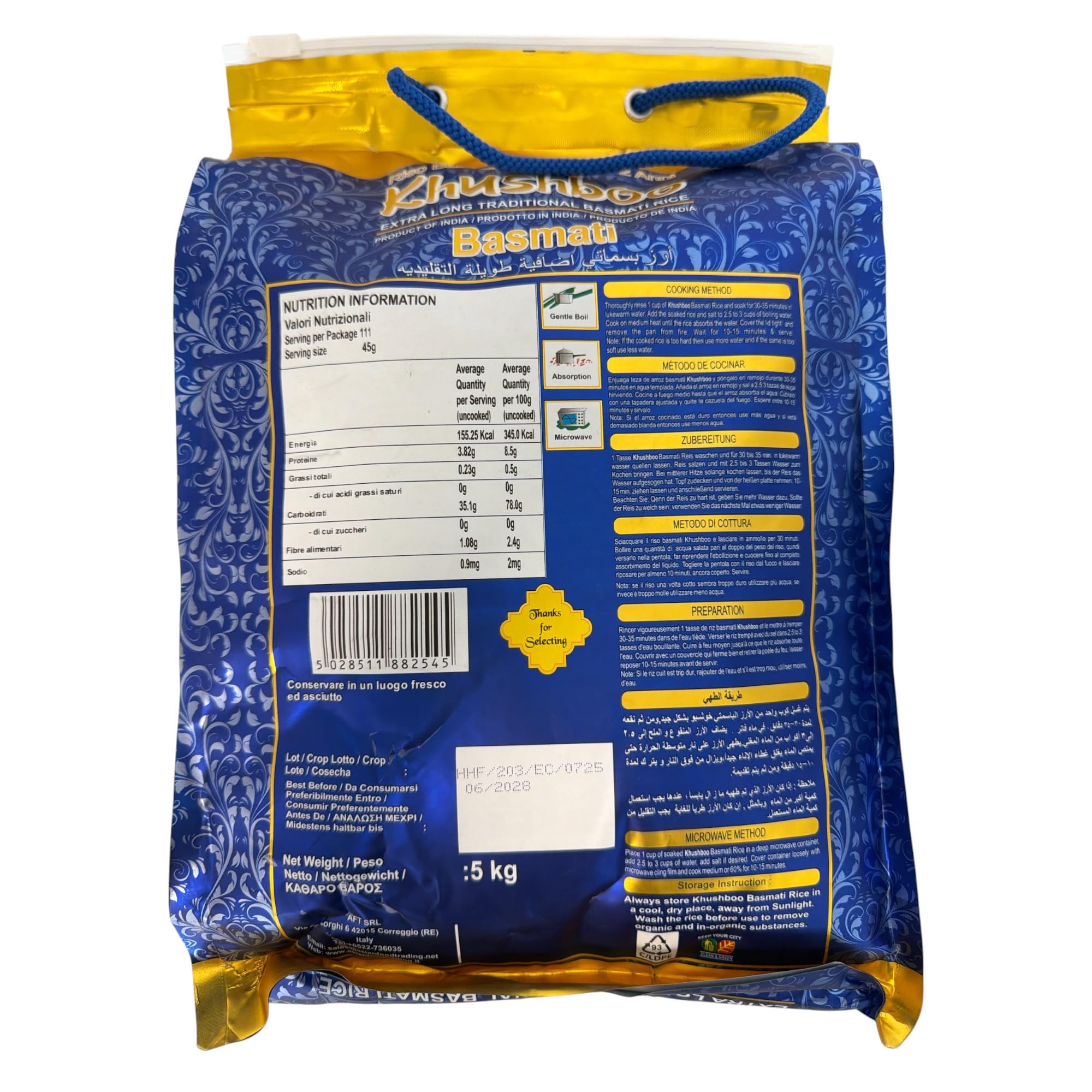 Khushboo Basmatireis traditioneller Duftreis 8x 5kg aus Indien, extra lange Körner, 2 Jahre gereift, reich an Ballaststoffen, komplexen Kohlenhydraten & Eiweiß, für Curry, Pilaw, Dals, Kheer & Biryani