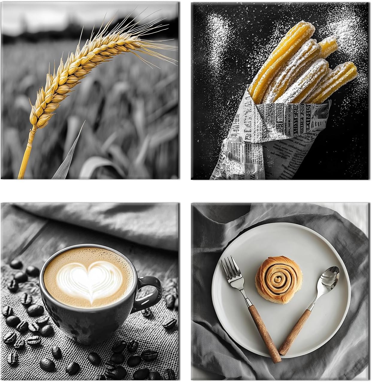 PLIDAAYO Kitchen Wall Art 4 Pieces Black and White Food Canvas Print Picture Coffee Cup Wheat Poster Painting for Bakery Cafe Shop Dining Room Home Decor(Kit-01,24"x24"x4)
