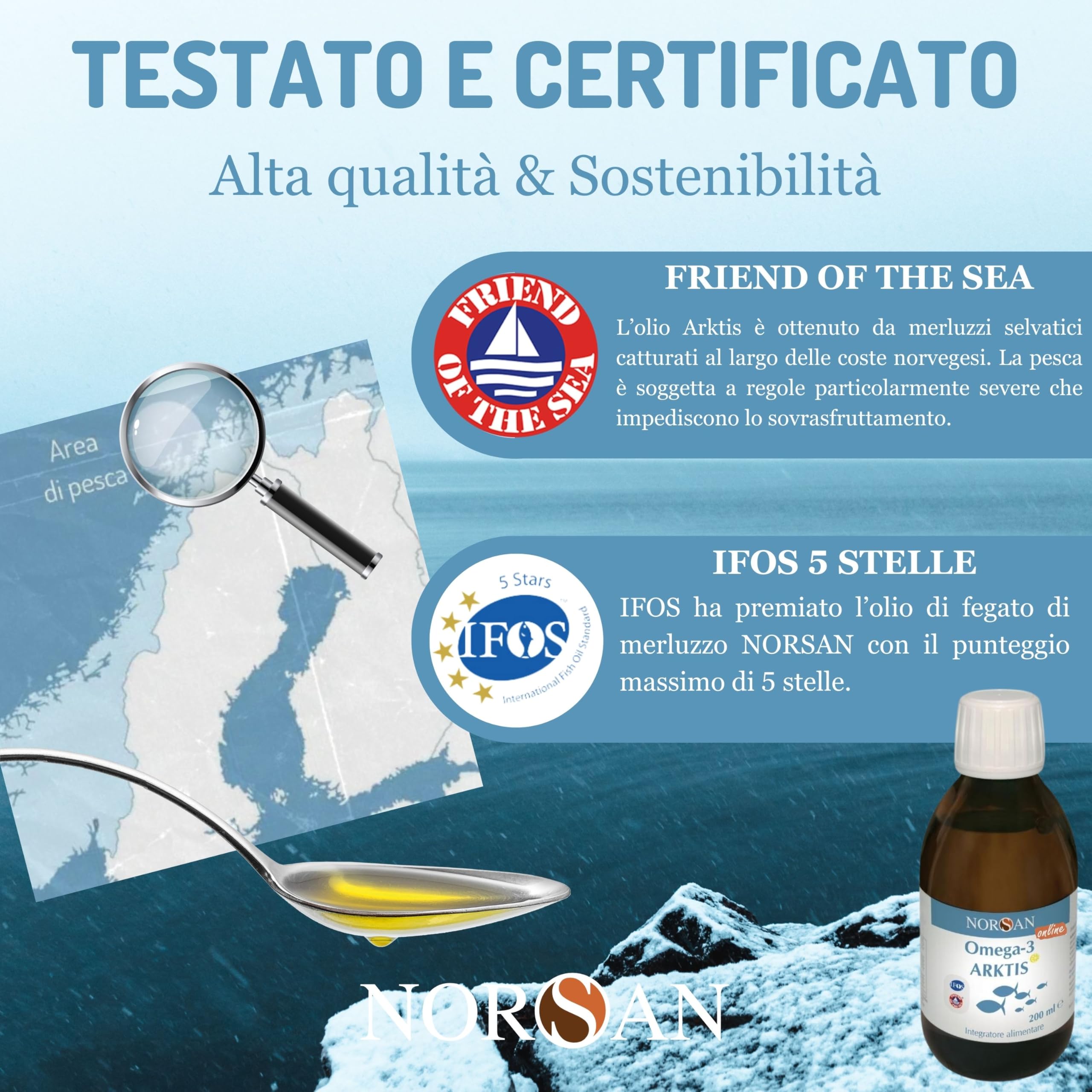NORSAN Arktis Omega 3 2000mg I Olio di fegato di merluzzo liquido senza reflusso – 1x200 ml Omega 3 EPA DHA I Integratore omega 3 olio di pesce I Olio fegato merluzzo liquido con 800 UI di vitamina D3
