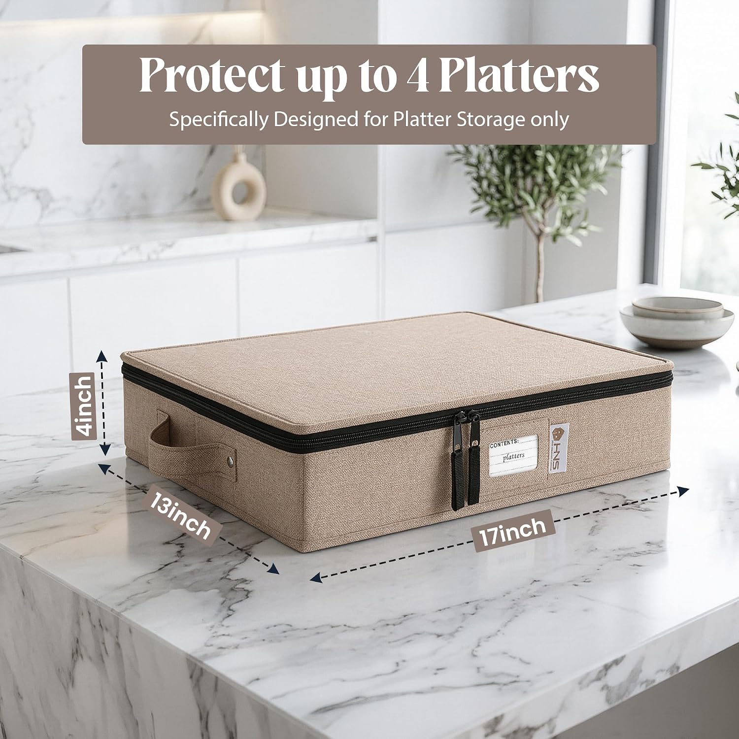 Platter Storage Containers - Hard Shell Protection for Fine China, Sturdy Dish Organizer with Dividers for Seasonal Storage, Moving & More - Protects up to 4 Platters (Brown)