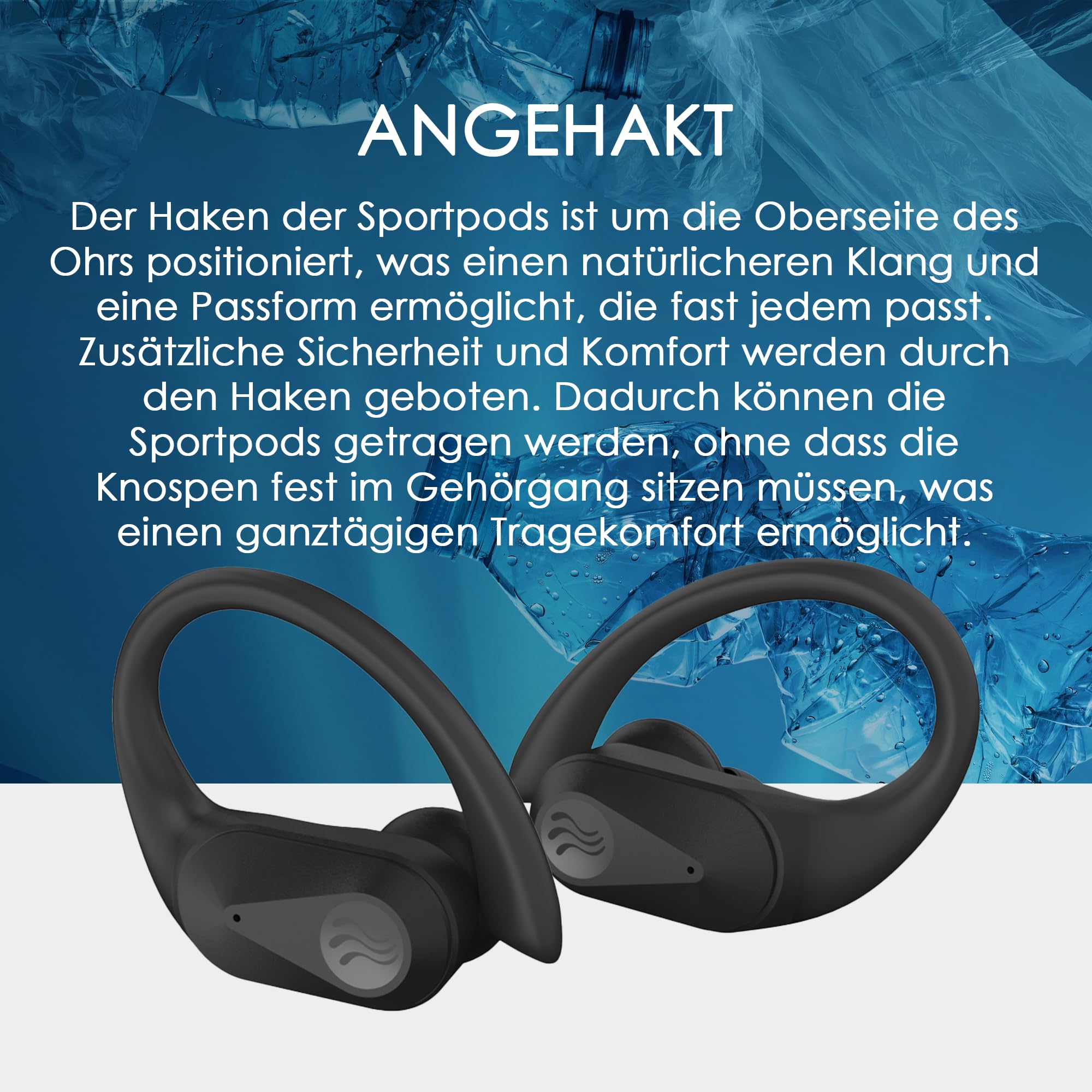 Boompods Sportpods Ocean Bluetooth Kopfhörer - Kabellos Sport-Ohrhörer mit ENC-Mikrofon, IPX4 Wasserdicht und 25 Std Akkulaufzeit, Schweißresistent In-Ear Kopfhörer für Fitness & Training, Schwarz