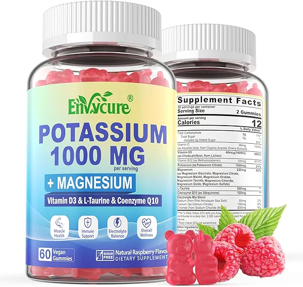 Potassium Supplement Gummies - 1000mg Potassium Citrate with Magnesium Complex/Glycinate/Citrate, Coq10, L-Taurine, B12,D3–Electrolyte, Energy, Brain - Potassium Magnesium Supplement for Adults, 2Pack