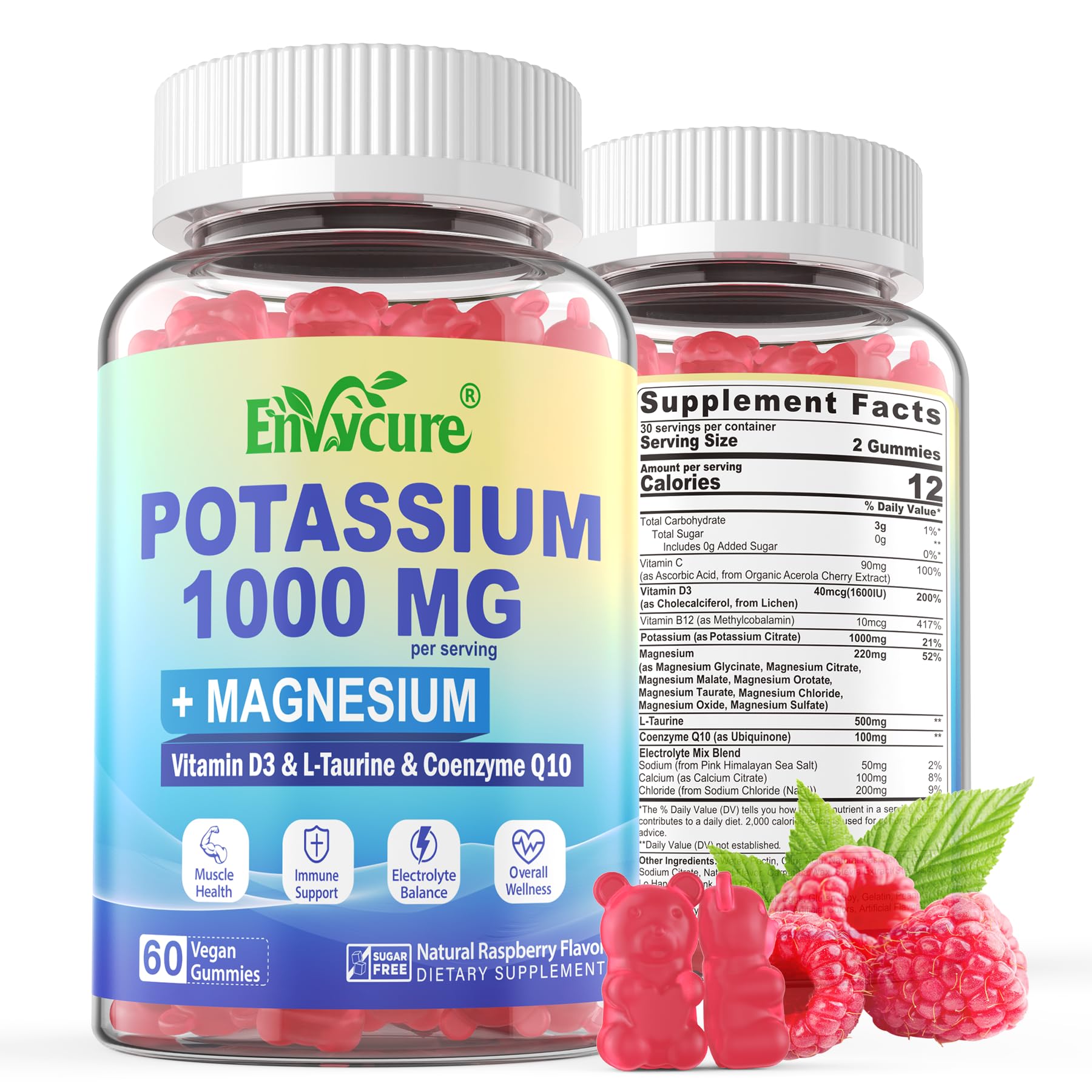 Potassium Gummies 1000mg - Potassium Citrate Supplements for Electrolyte, Energy, Muscle with Magnesium Complex, Coq10, L-Taurine, Vitamin B12, D3 - Electrolyte Gummies for Women, Men - Vegan, 2Pack