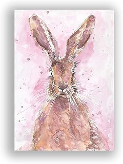 Rabbit Watercolour Wall Art Print, Hare Prints and Pictures, Kids Room Original Pink Nursery Decor