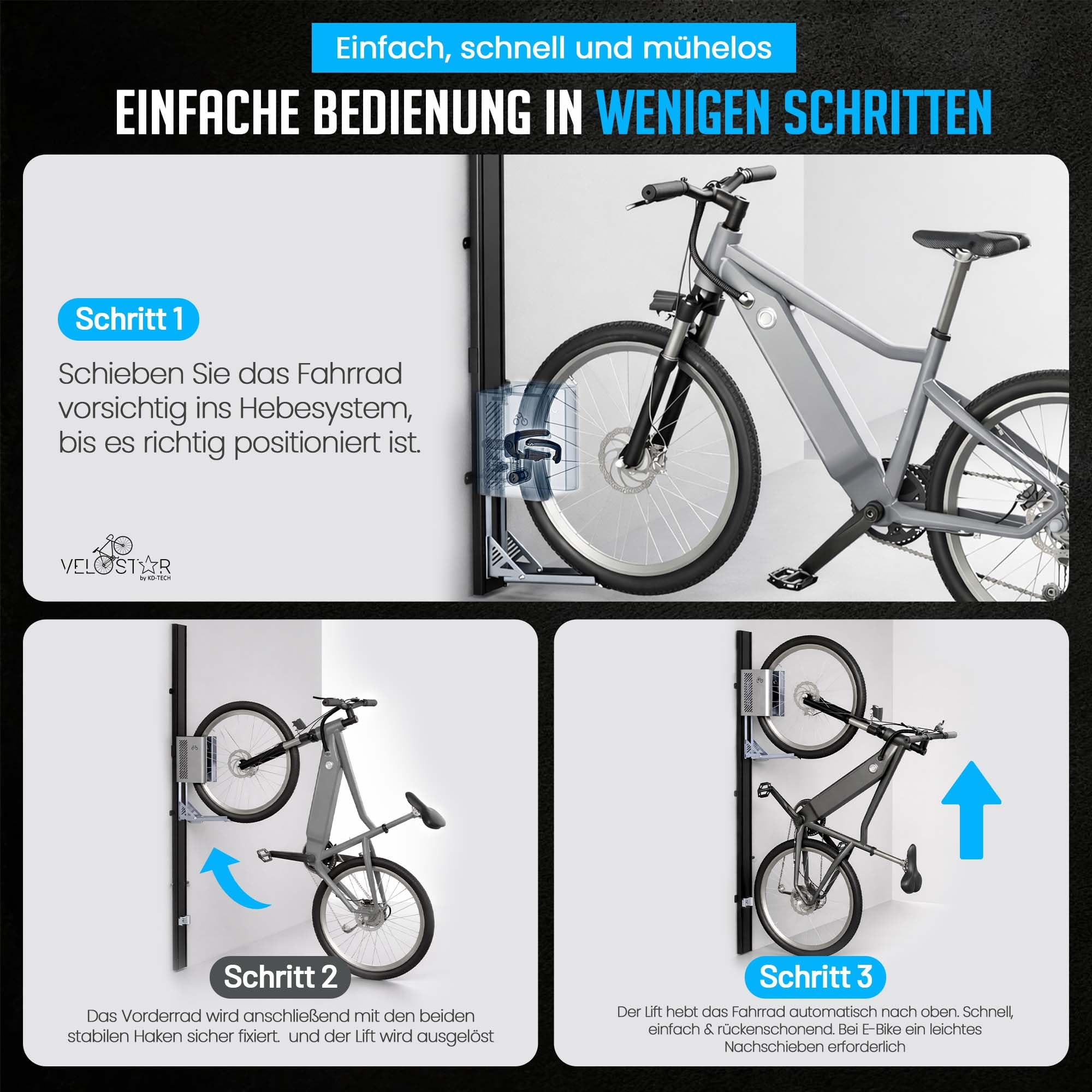 Fahrradlift für Garage von Velostar by 32 kg Fahrradwandhalterung Fahrrad Lift mit Sicherheitsbremse & Arretierung Fahrradhalter platzsparend für E-Bike geeignet inkl. Fischer Dübel