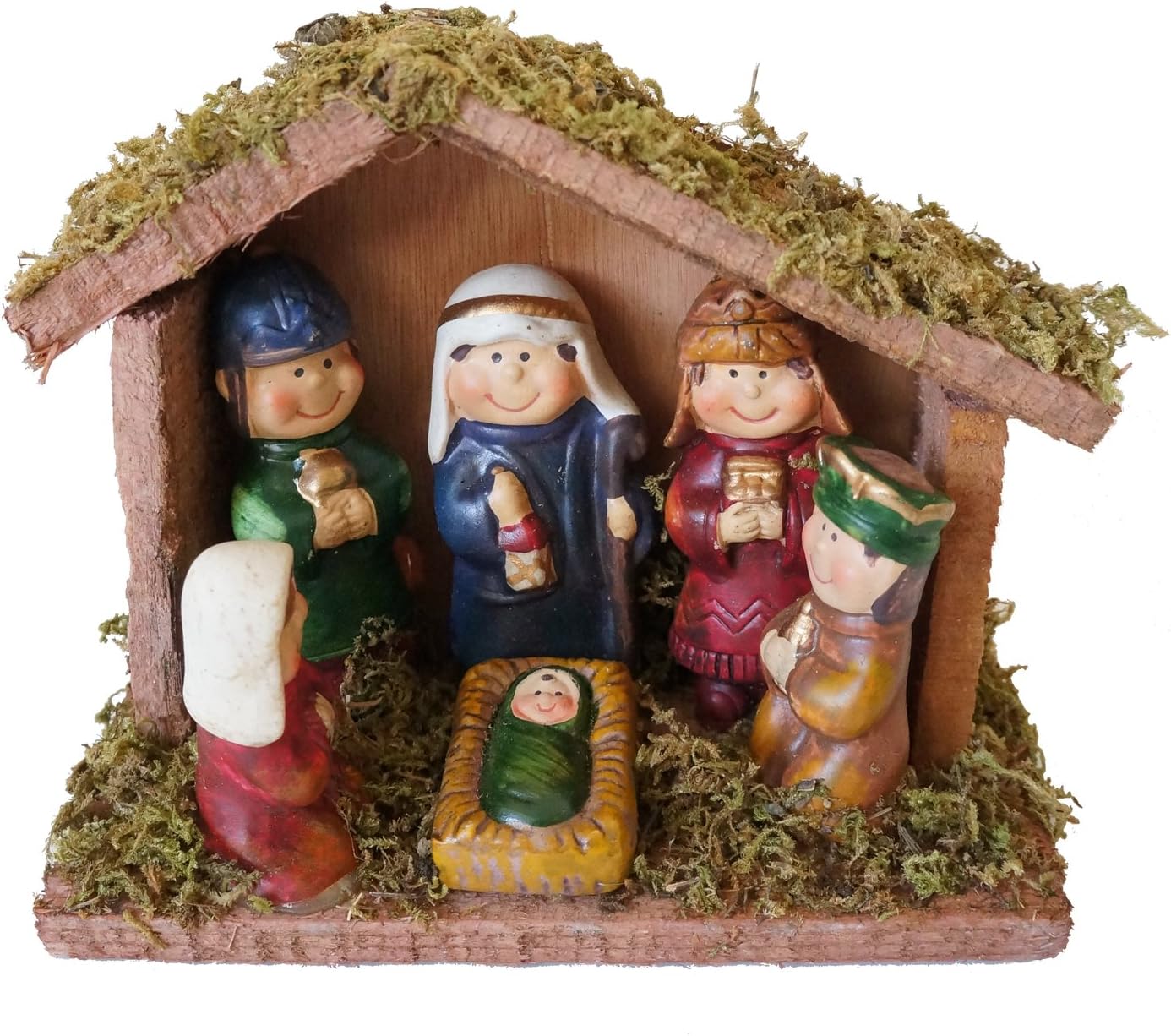 Wood and Ceramic Christmas Kids Nativity Scene with Mossy Creche