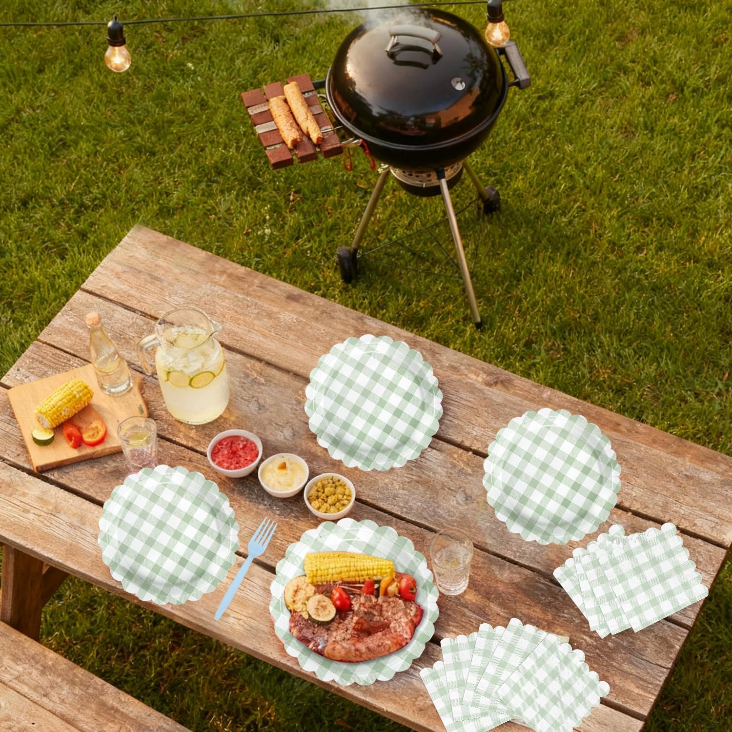 102 PCS Sage Green Gingham Party Supplies - Scalloped Plates, Napkins, Cups, Forks, Banner, Gingham Tablecloth for Baby Shower, Wedding, Birthday, Serves 25 - Image 7