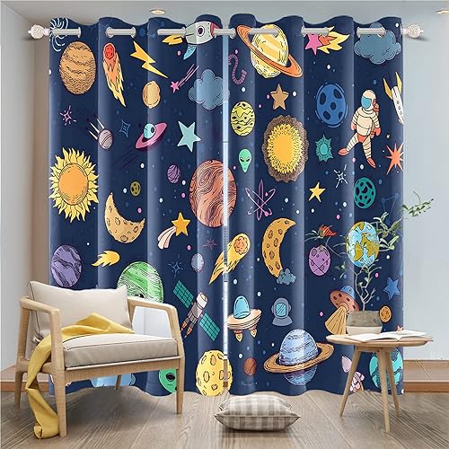 Miniatura 5 de Umpoo Cortinas opacas con patrón de dibujos animados de 42 x 63 pulgadas diseño de astronauta cohete estrellas galaxia cósmica planetas sistema