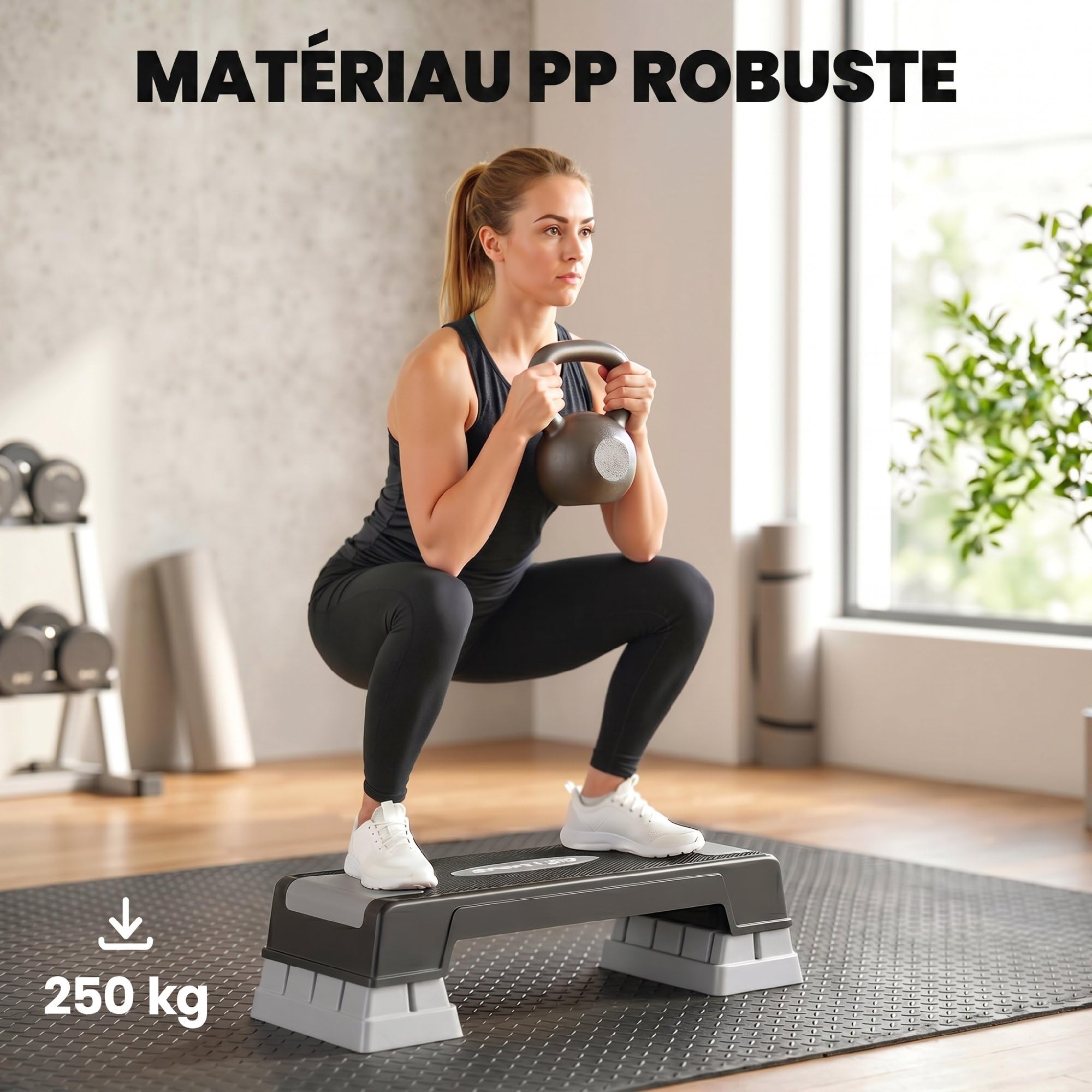 SPORTNOW Stepper Fitness Aérobic 3 Niveaux, Hauteur Réglable 12/17,5/22,5 cm, Surface Antidérapante, Charge 250 kg, Stepper Aérobic pour Maison et Salle de Sport, Gris