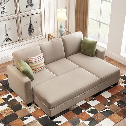 81" Reversible Sectional Couch with Storage Chaise, L-Shaped Sofa w/Ottoman,Nailhead Textured Linen Fabric 3 Pieces Sets,for Living Room,Apartment, Warm Grey
