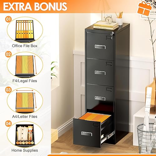 Miniatura 3 de INTERGREAT Archivador de 4 cajones, archivador de metal negro con cerradura, archivadores de bloqueo alto con 4 marcos colgantes ajustables para