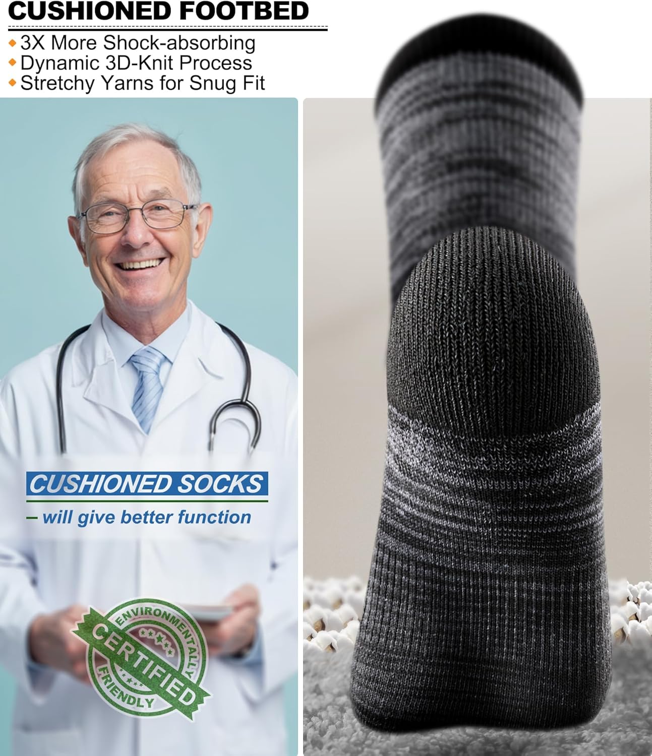 BULLIANT Compression Socks for Men 6Pairs, Athletic Crew Socks Cushioned For Men Sports Running-Arch Support - Image 3