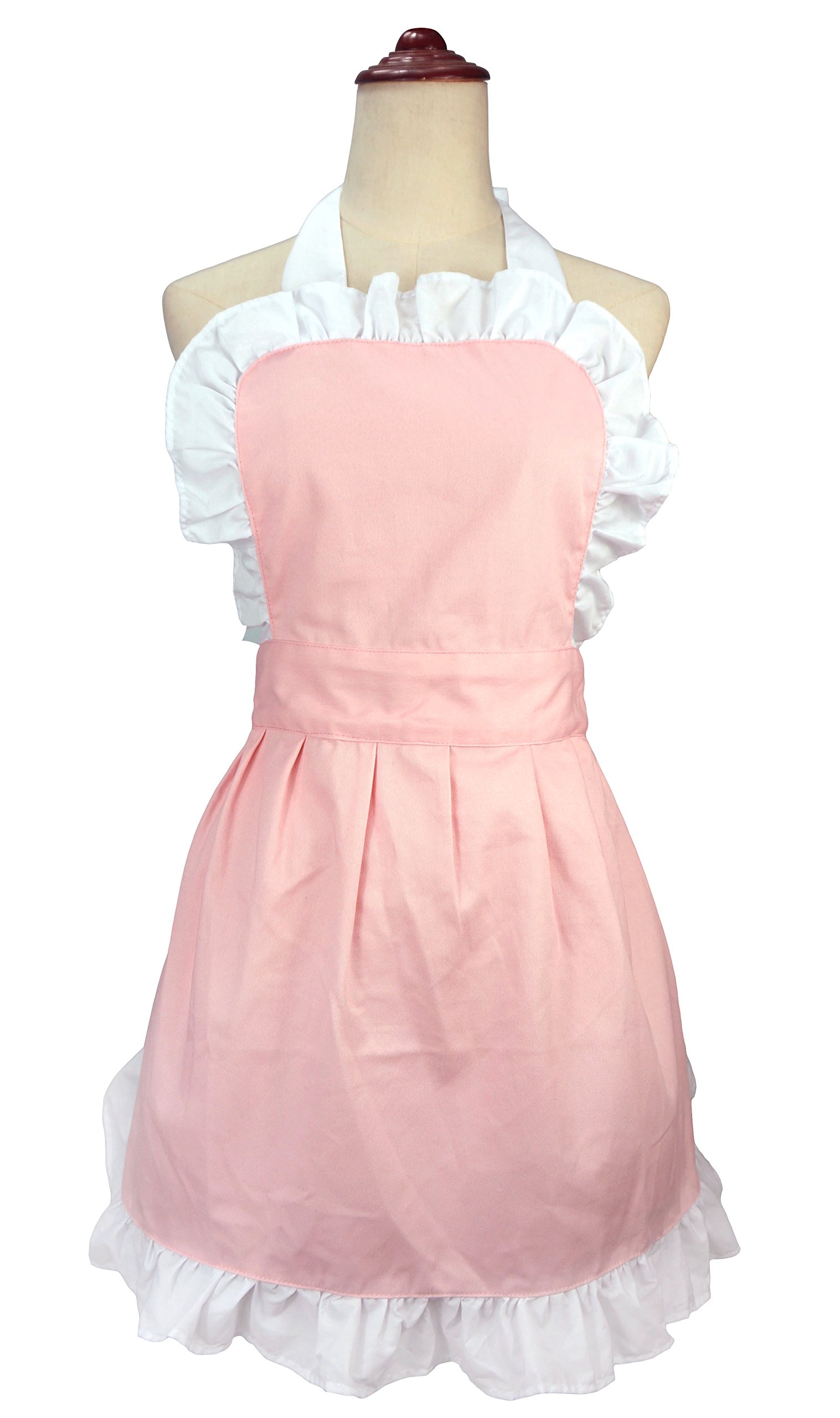 LilMents Women's Ruffle Outline Retro Apron Kitchen Cake Baking Cooking Cleaning Maid Costume (Light Pink)