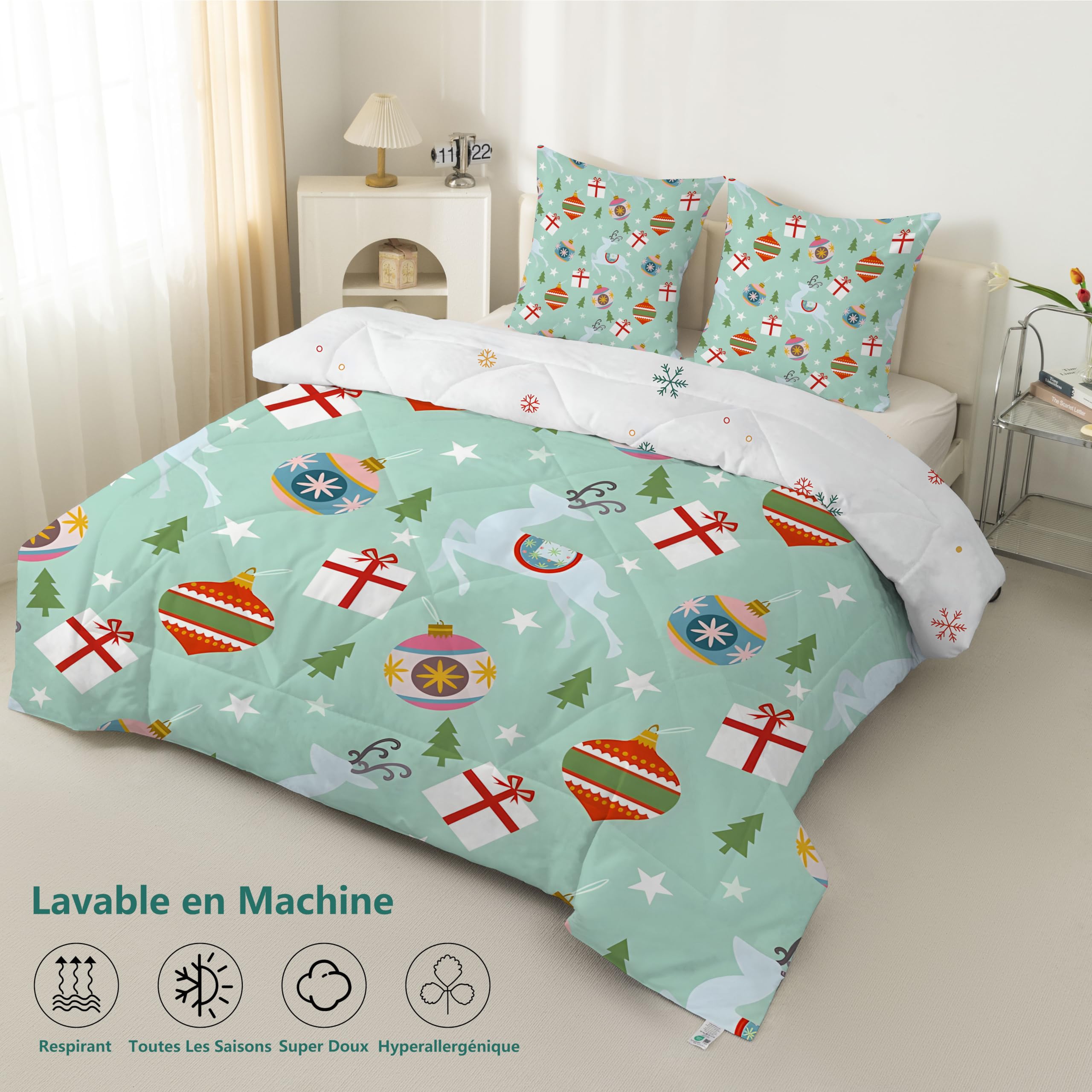 Couette 140x200 Enfant Renne Lumineux, Couette Imprimée 4 Saisons pour Lit 1 Personnes - Duvet Réversible et Chaud Sapin de Noël, Édredon sans Housse et 2 Taie d'oreiller 65x65 cm, Campagne
