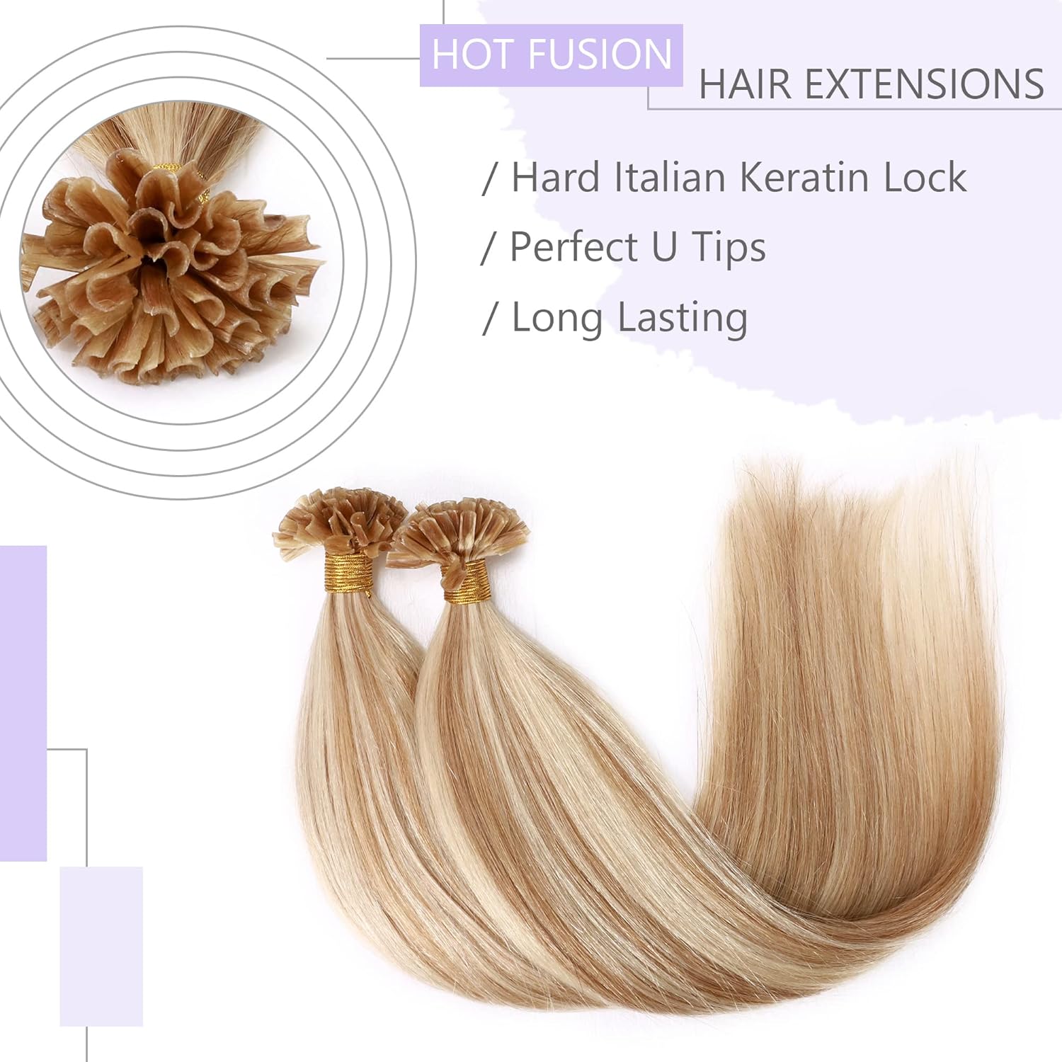 SEGO U Tip Hair Extensions Real Human Hair Pre Bonded Keratin Fusion Nail Tip Balayage Natural Silky Straight Extensions 50 Strands 50g/Pack -18 Inch Ash Blonde&Bleach Blonde