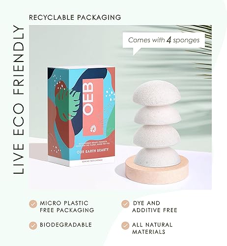 Miniatura 6 de Konjac - Esponja facial (paquete de 4)  100% natural y libre de tintes  No tóxica  Biodegradable  Ecológica  Embalaje sin plástico