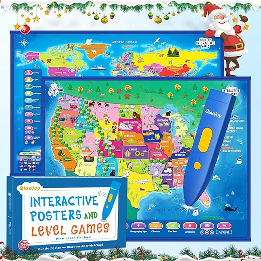 Qiaojoy Bilingual Interactive for Kids Talking USA Map World Map for Kids Learning, Geography Toys Games Educational Electronic Map Personalized Gift/Toys for 4 5 6 7 8 9 10 Year Old Girls/Boys…