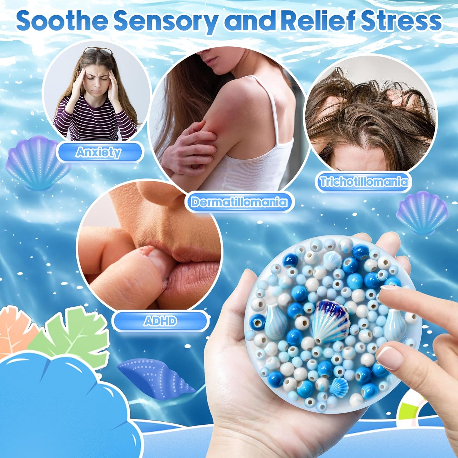 Picky Pad Fidget Toy – 4" Large Sensory Skin Picking Relief with Ceramic Beads, DIY Bracelet Making, Anxiety Stress Relief for Adults, Silent Desk Toy for Trichotillomania & ADHD