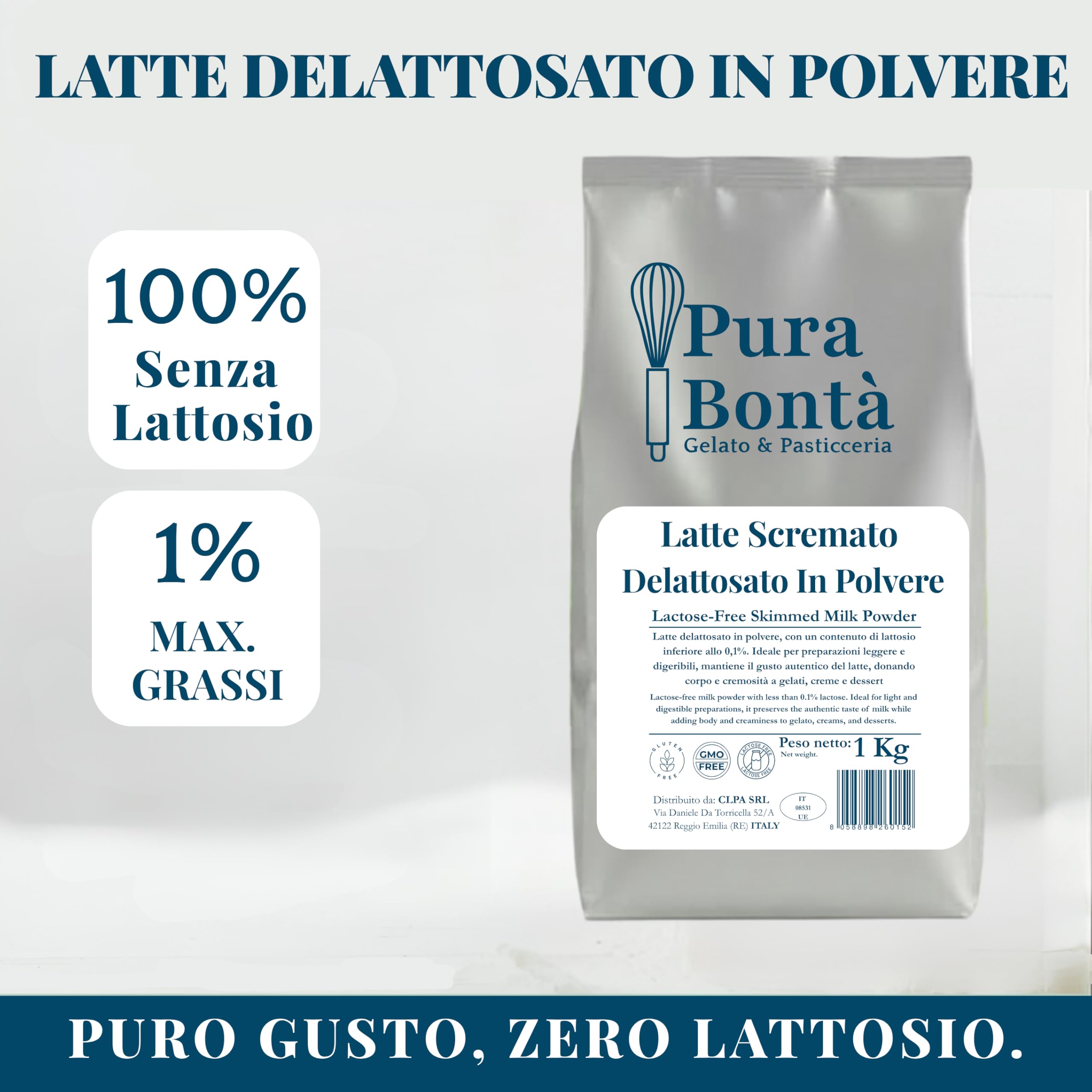 PURA BONTÀ Latte in Polvere Senza Lattosio 1kg | Scremato e Proteico | Ideale per Gelato Light, Dolci e Frullati | Confezionato in Italia