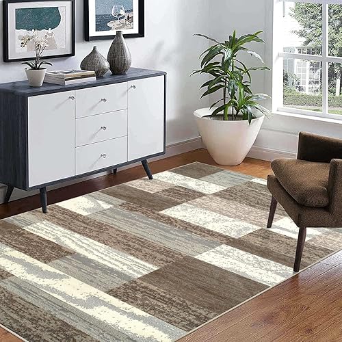 Superior Indoor Area Rug, Jute Backed, Modern Geometric Patchwork Floor Decor for Bedroom, Office, Living Room, Entryway, Hardwood Floors, Rockwood Collection, 8' x 10', Light Blue-Ivory
