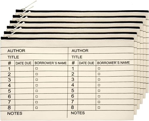 Yinder 6 Pcs Library Book Club Gift Bookish Pouch Book Lover Gifts Bookish Zipper Canvas Bag for Women Library Due Date Card Makeup Bag Graduation Party Favors, White and Black, Large