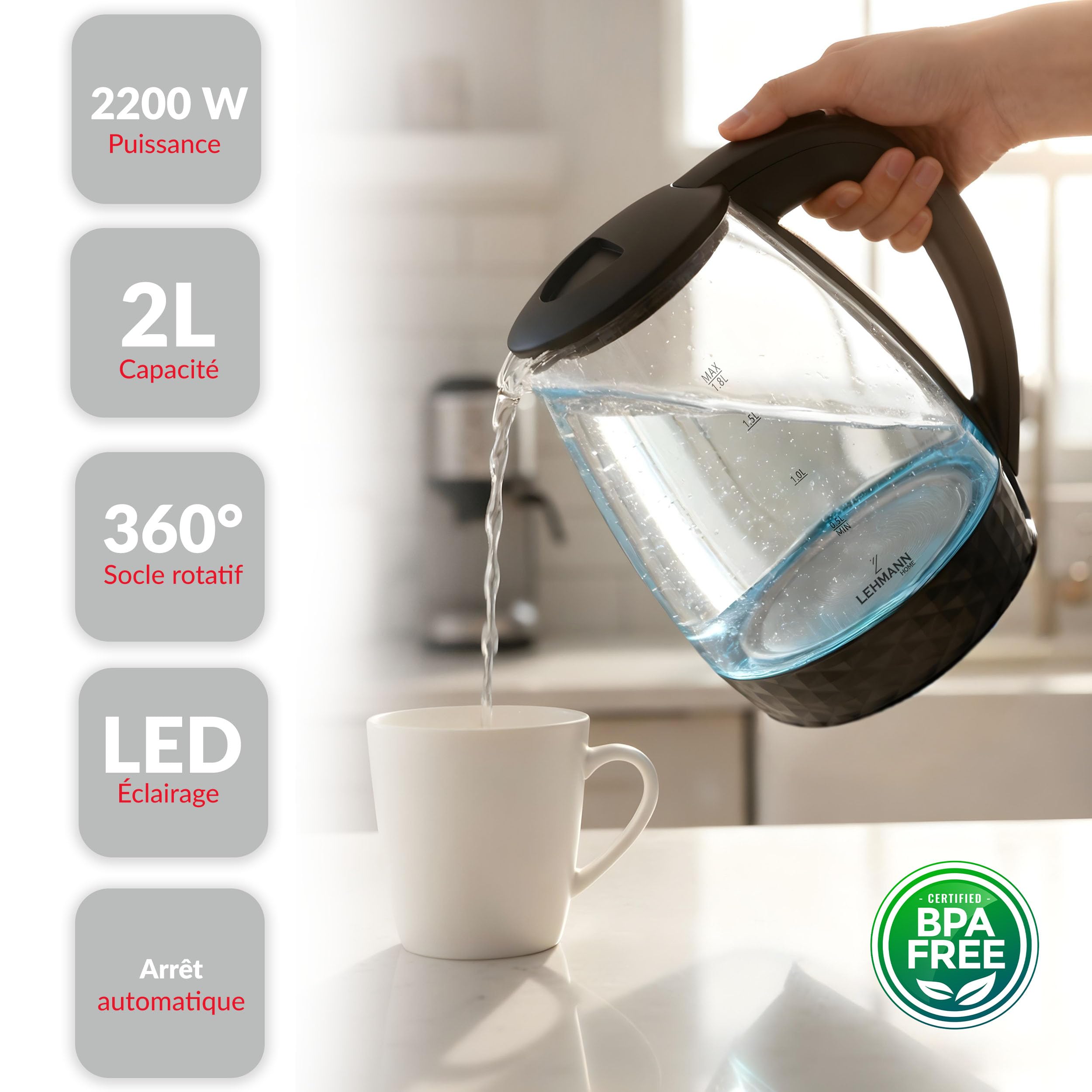Lehmann LHOEK-2220C Czajnik elektryczny szklany 2l, czajnik elektryczny z podświetlanym zbiornikiem o mocy 2200W, bezprzewodowy ze zdobioną podstawą