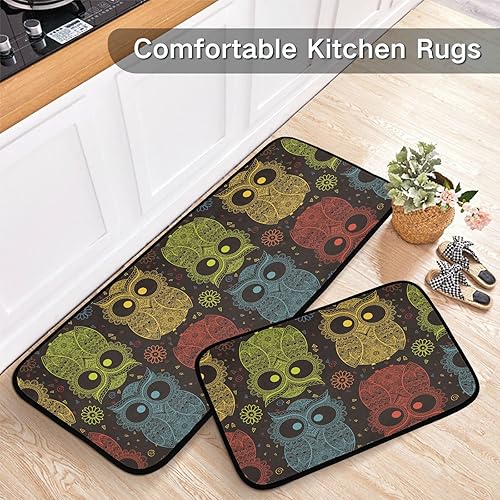 Miniatura 5 de Juego de 2 tapetes de cocina con diseño de búhos tribales y antifatiga, acolchados, impermeables, antideslizantes, cómodos, acolchados