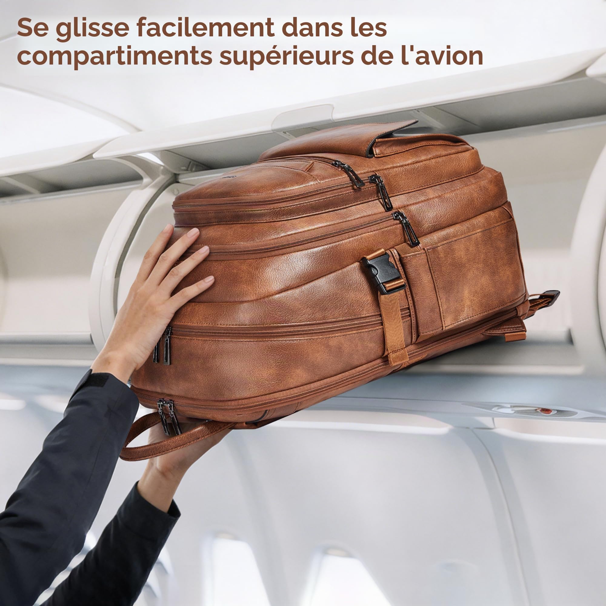 Sac à Dos en Cuir Végan Homme et Femme, Compatible avec Ordinateur 17 Pouces, Bagage Cabine avec Port USB et Sangle Valise, Design Élégant, Brown