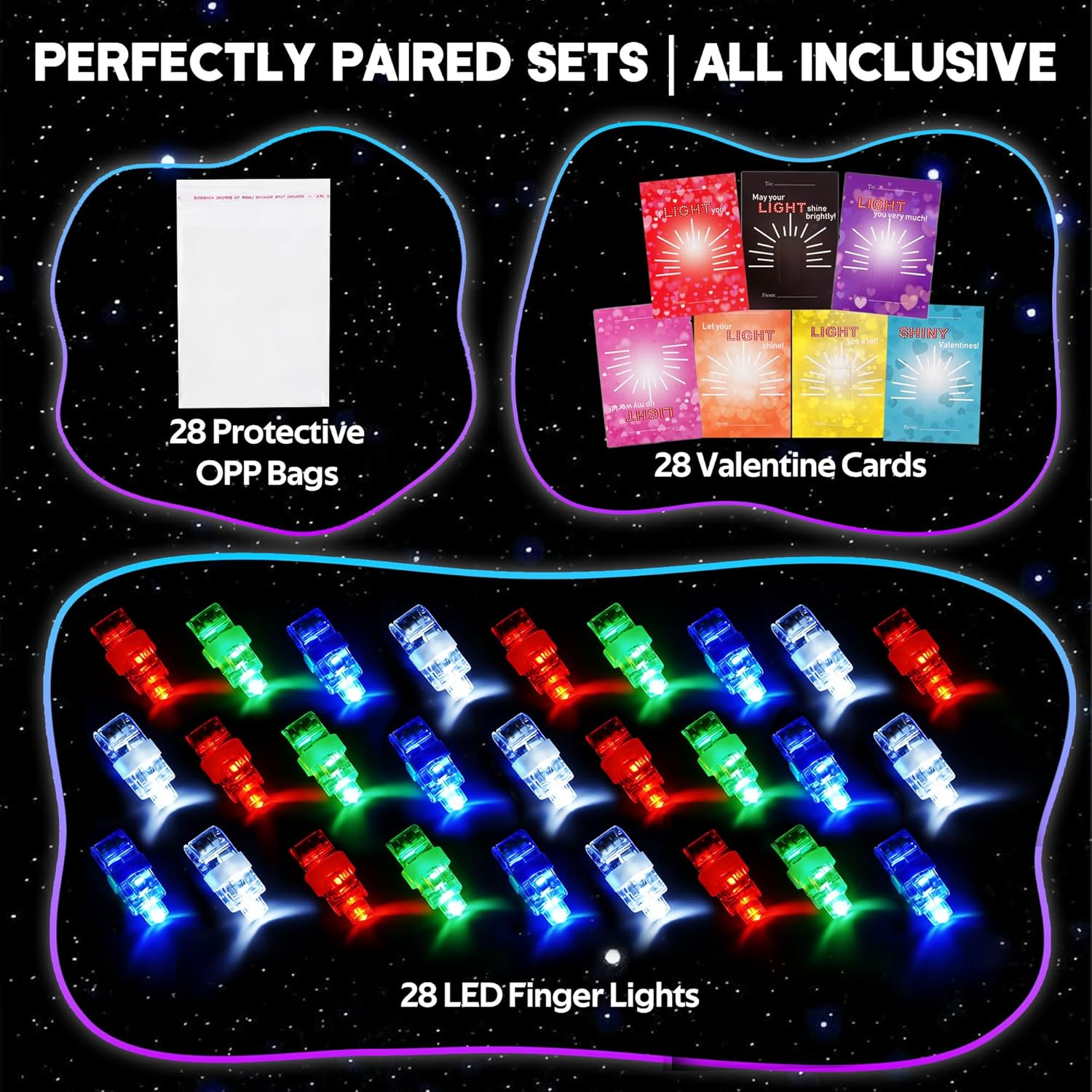 28 Pack Valentine’s Day Gift Cards with Finger Lights for Kids Classroom Exchange, Light Up Valentine Finger Toys, Non-Candy School Party Favors, Group Gifting Set, School Prizes, Goodie Bag Filler