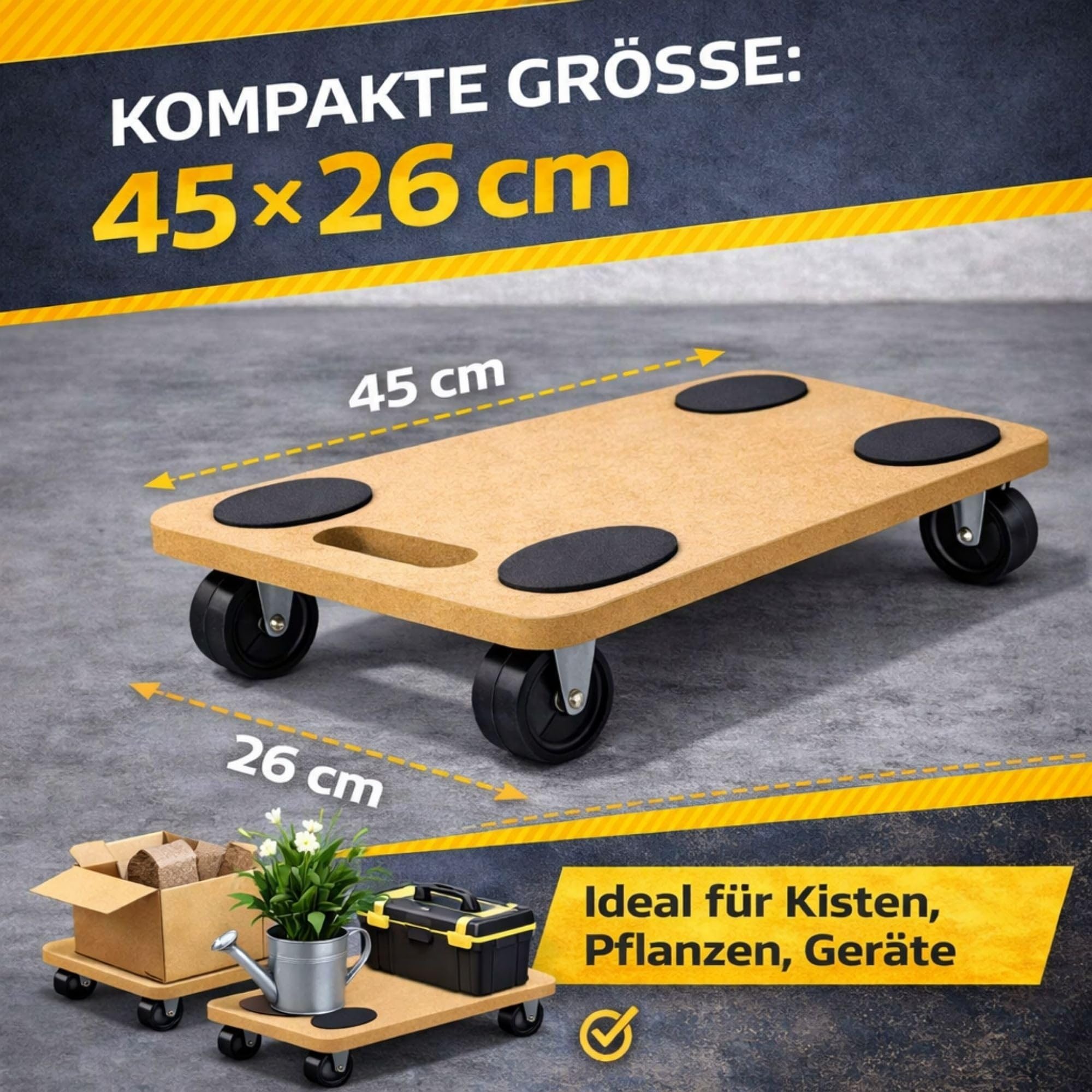 6X Rollbrett Transportroller 45 × 26 cm – bis 150 kg Tragkraft – Möbelroller aus MDF mit 4 Lenkrollen & Anti-Rutsch-Pads – Transporthilfe für Umzug, Haushalt & Werkstatt