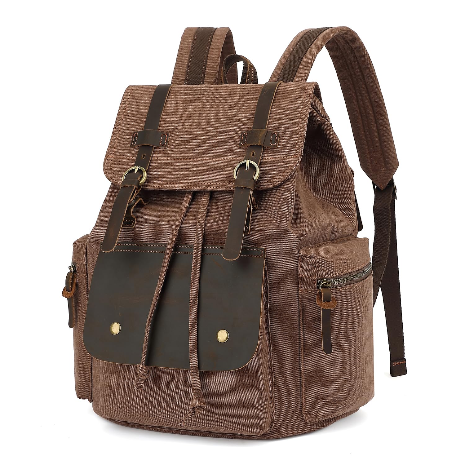 koolehaoda Vintage Canvas Rucksack Backpack Unisex Casual College Bag für 15,6" Laptop Business Lederbesatz Rucksack Sportrucksack für Wandern, Reisen, und Camping Tagesrucksack