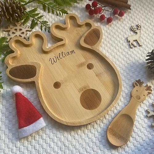 Miniatura 9 de Personalized Bamboo Christmas Kids Dinner Plate and Spoon Set for Boys and Girls Christmas Gift Santa Reindeer Plate