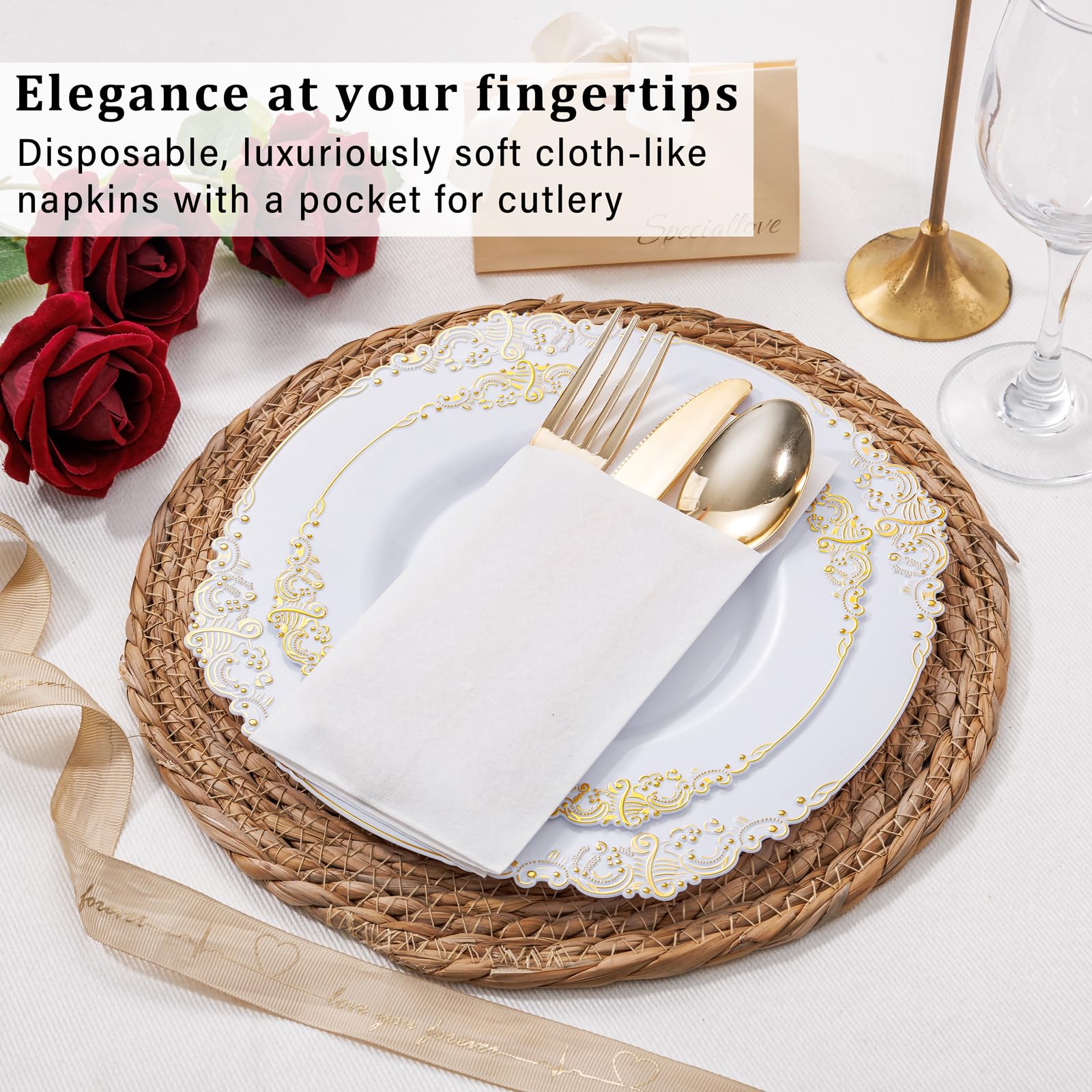 200 servilletas de papel blanco con bolsillo integrado para cubiertos, servilletas desechables preplegadas similares a la tela, servilletas de cena resistentes con tacto de lino para fiestas,