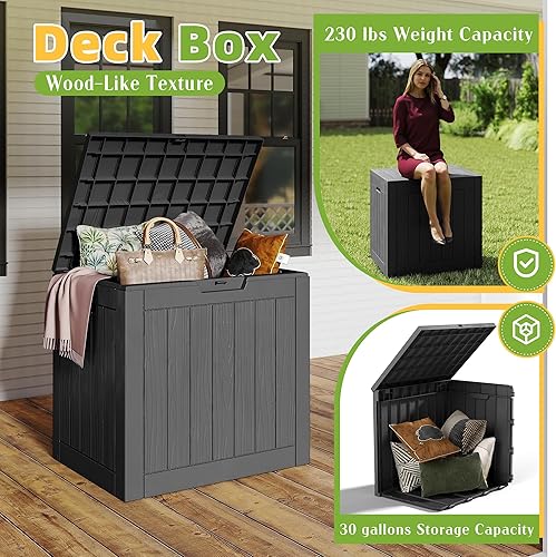 Miniatura 4 de Caja de almacenamiento para exteriores de 30 galones, impermeable, caja de resina para terraza, con cerradura, para muebles de patio, jardín (color