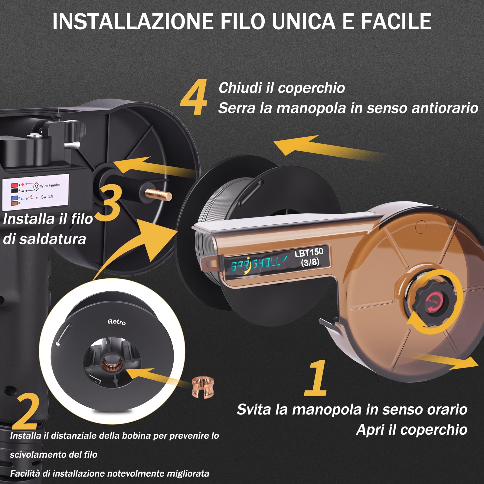 Pistola a bobina, pistola di saldatura MIG per alluminio da 150 ampere, compatibile con MIG200 e MIG250