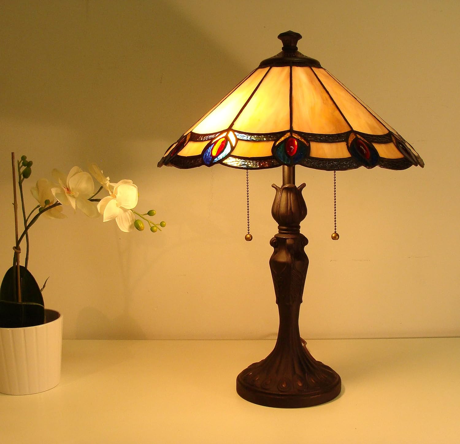Fine Art Lighting Tiffany Style Peacock Feathers Stained Glass Table Lamp, Amber
