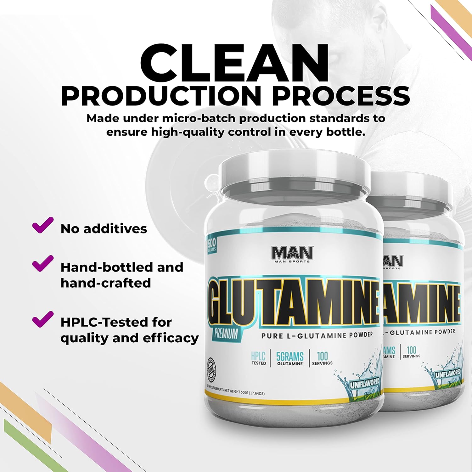 Man Sports Glutamine Powder 500 Grams - Ultra Pure Unflavored L-Glutamine for Muscle Recovery, Repair, and Immunity - Clean Formula, No Additives, Hand-Crafted and Hand-Bottled - 100 Servings : Health & Household