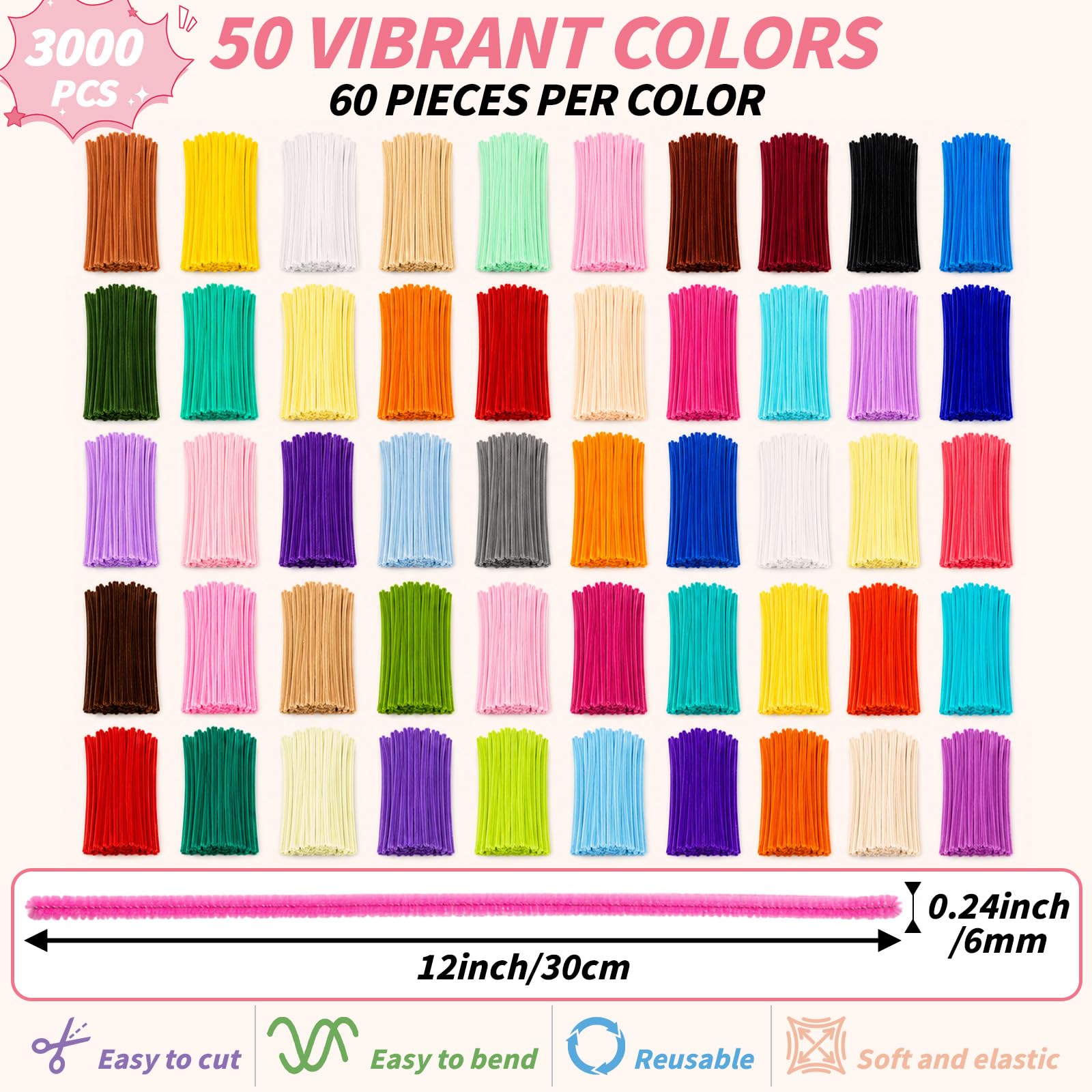 Lot de 3000 cure-tuyaux, 50 tiges chenille de couleurs, 60 tiges par