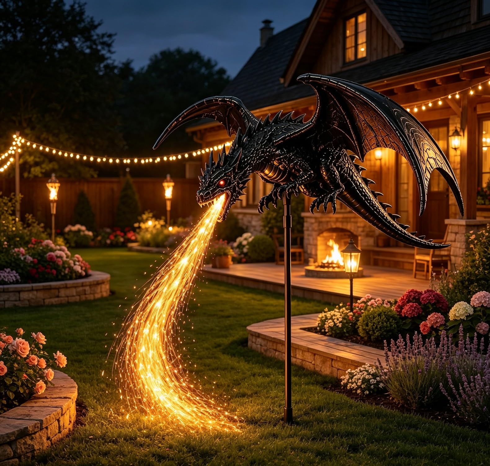 Solar Dragon Fire Garden Stake Light, Gothic Fire Breathing Dragon Figurine